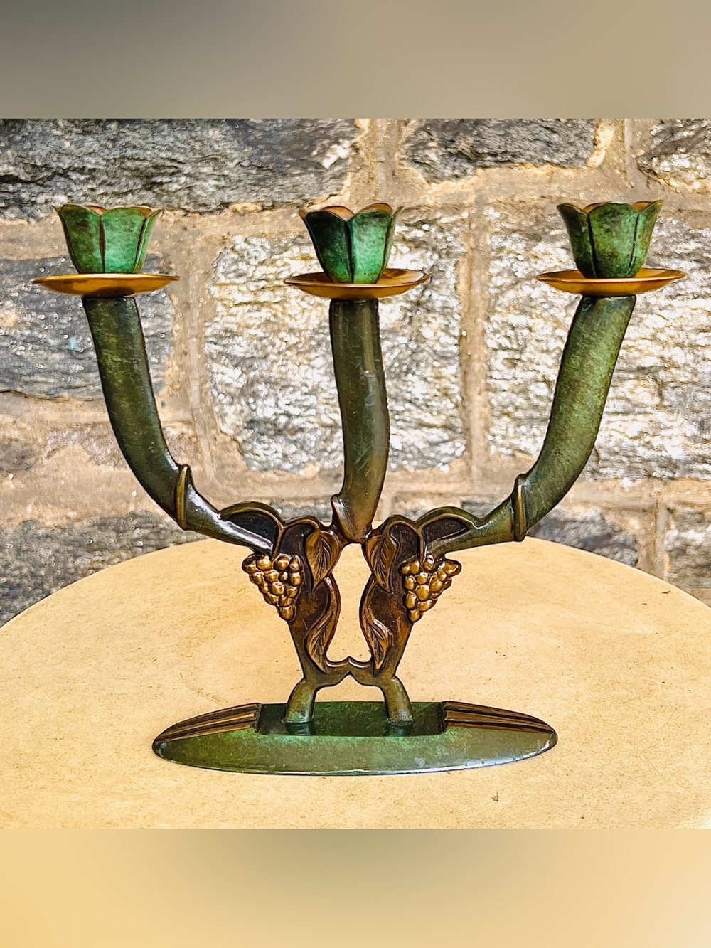Vintage Signed Israel 3 Lite Candlestick Holder MCM Judaica Patina